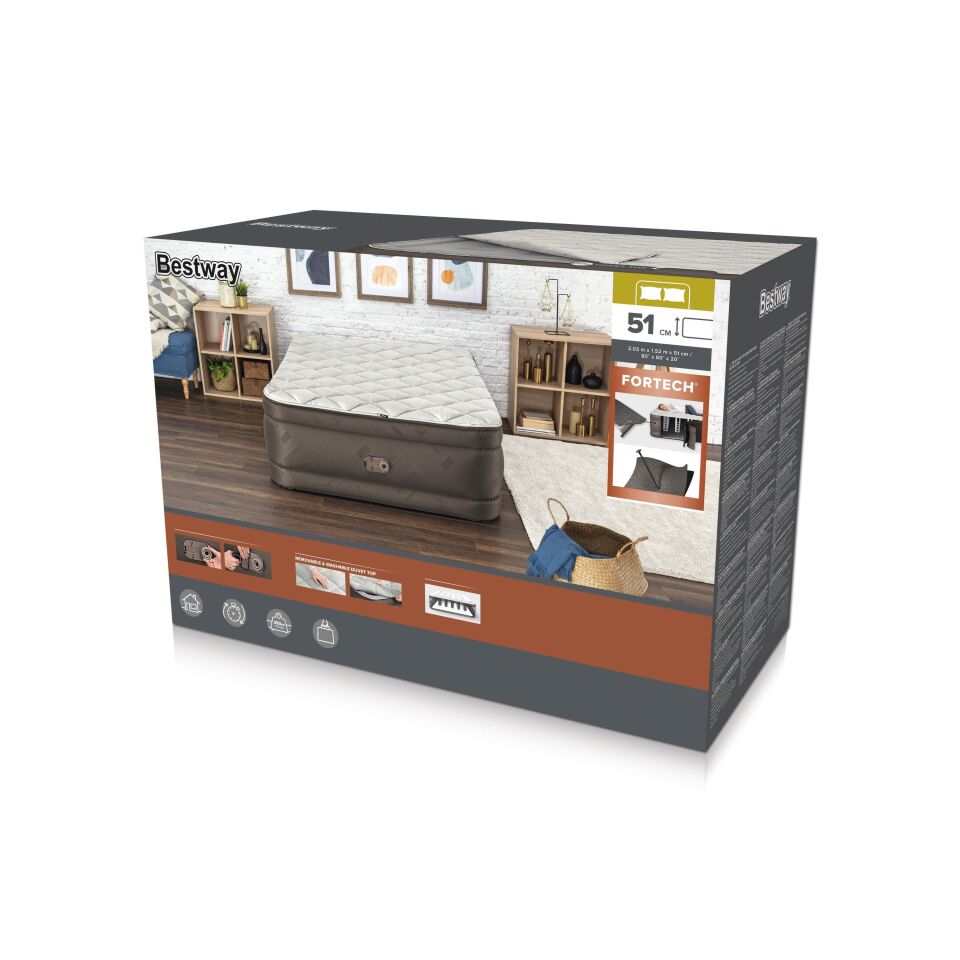 Bestway®  Fortech® Duvet Top Geniş Çift Kişilik Şişme Yatak ve Elektrikli Entegre Şişirme Aparatı 2.03 m x 1.52 m x 51 cm
