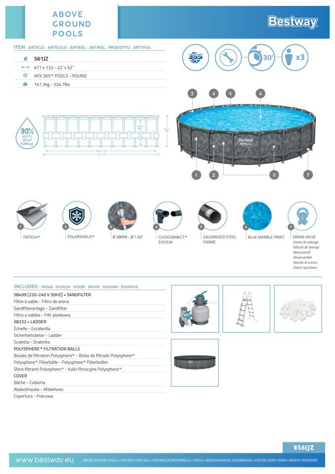 Bestway® APX 365™ 561JZ Çember Prefabrik Havuz Seti 6,71 m x 1,32 m