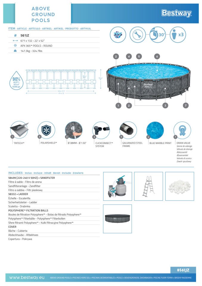 Bestway® APX 365™ 561JZ Çember Prefabrik Havuz Seti 6,71 m x 1,32 m