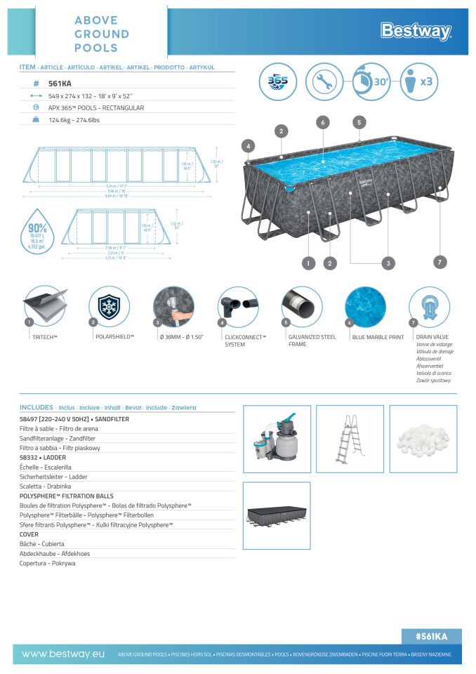 Bestway Prefabrik Havuz APX 365  Prefabrik Dikdörtgen Havuz Seti 5,49 m x 2,74 m x 1,32 m 561KA