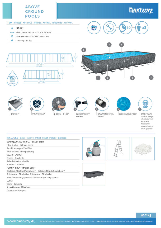 Bestway Prefabrik Havuz APX 365  Dikdörtgen Prefabrik Havuz Seti 9,56 m x 4,88 m x 1,32 m 561KJ