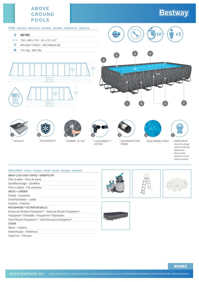 Bestway Prefabrik Havuz APX 365 Prefabrik Dikdörtgen Havuz Seti 7,32 m x 3,66 m x 1,32 m 561KG