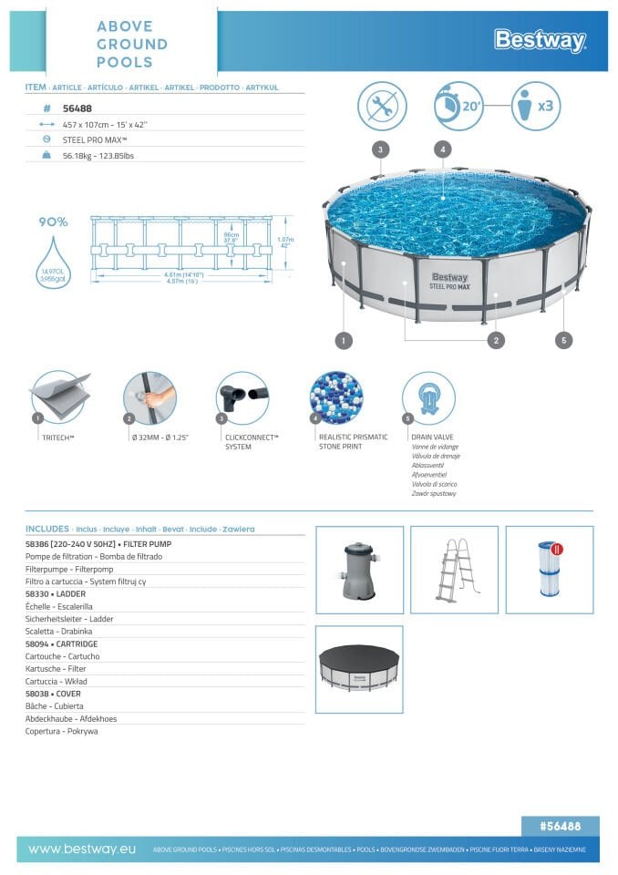 Bestway® Steel Pro MAX™ 56488 Prefabrik Yer Üstü Havuz Seti 4,57 m x 1,07 m