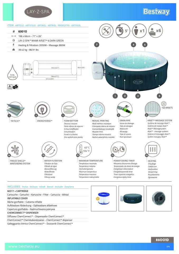 Lay-Z-Spa® Miami AirJet™ 6001D Enerji Tasarruflu Şişme Spa Havuzu,4-6 kişilik