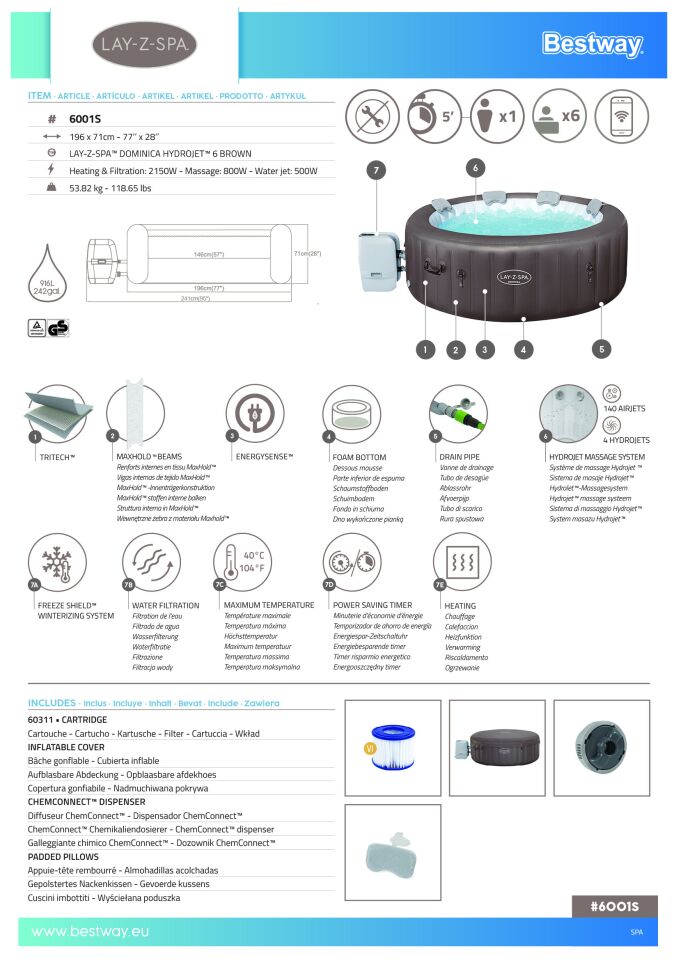 Lay-Z-Spa 6001S Dominica Smart HydroJet  Enerji Tasarruflu Şişme Spa Havuzu, Mobil Uygulama Kontrollü, 4-6 kişilik
