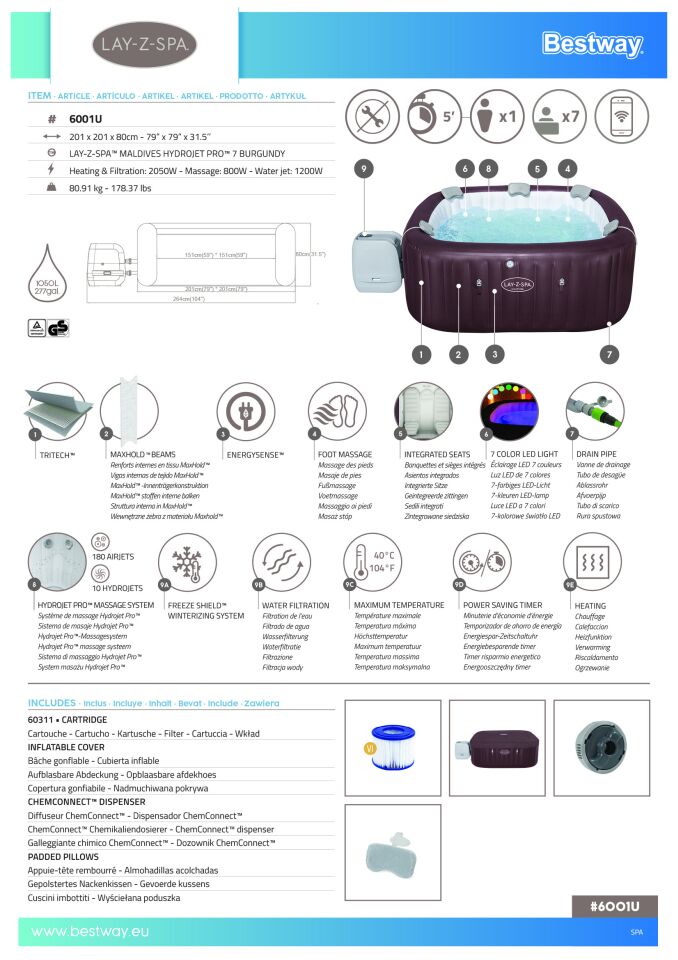 Lay-Z-Spa 6001U Maldives Smart HydroJet Pro  Enerji Tasarruflu Şişme Spa Havuzu, Mobil Uygulama Kontrollü, 5-7 kişilik