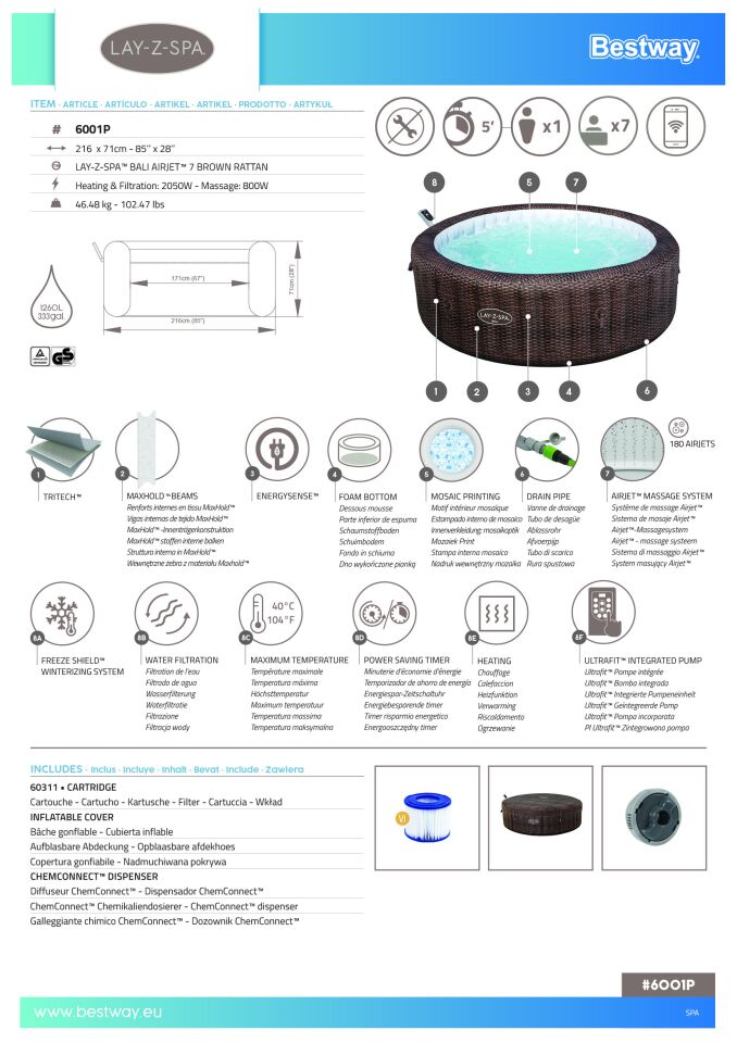 Lay-Z-Spa® Bali Smart AirJet™ 6001P Enerji Tasarruflu Şişme Spa Havuzu, Mobil Uygulama Kontrollü, 5-7 kişilik