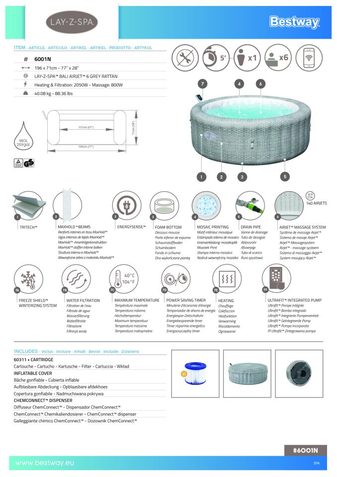 Lay-Z-Spa® Bali Smart AirJet™ 6001N Enerji Tasarruflu Şişme Spa Havuzu, Mobil Uygulama Kontrollü, 4-6 kişilik