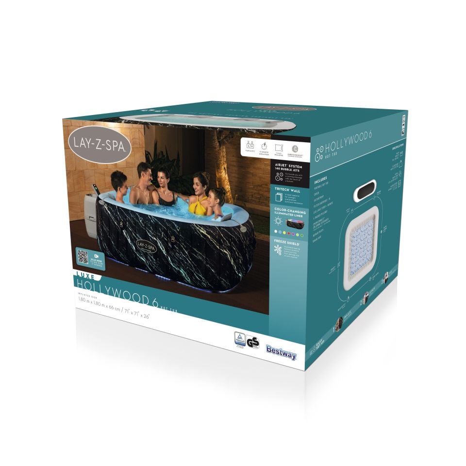 Lay-Z-Spa® 6001F Hollywood Energy-Efficient Luxe AirJet™ Şişme Spa Havuzu, LED ışıklı, 4-6 kişilik