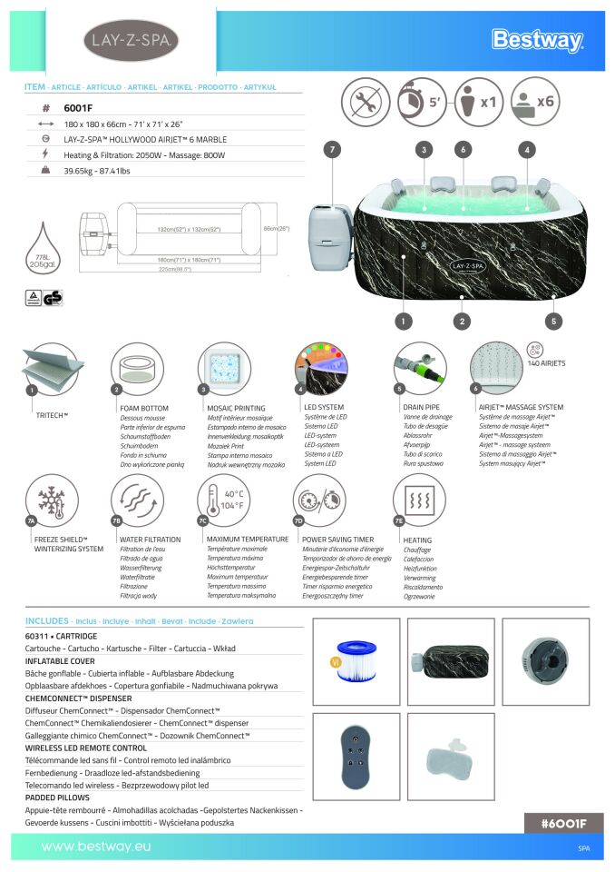 Lay-Z-Spa® Hollywood Energy-Efficient Luxe AirJet™ Şişme Spa Havuzu, LED ışıklı, 4-6 kişilik