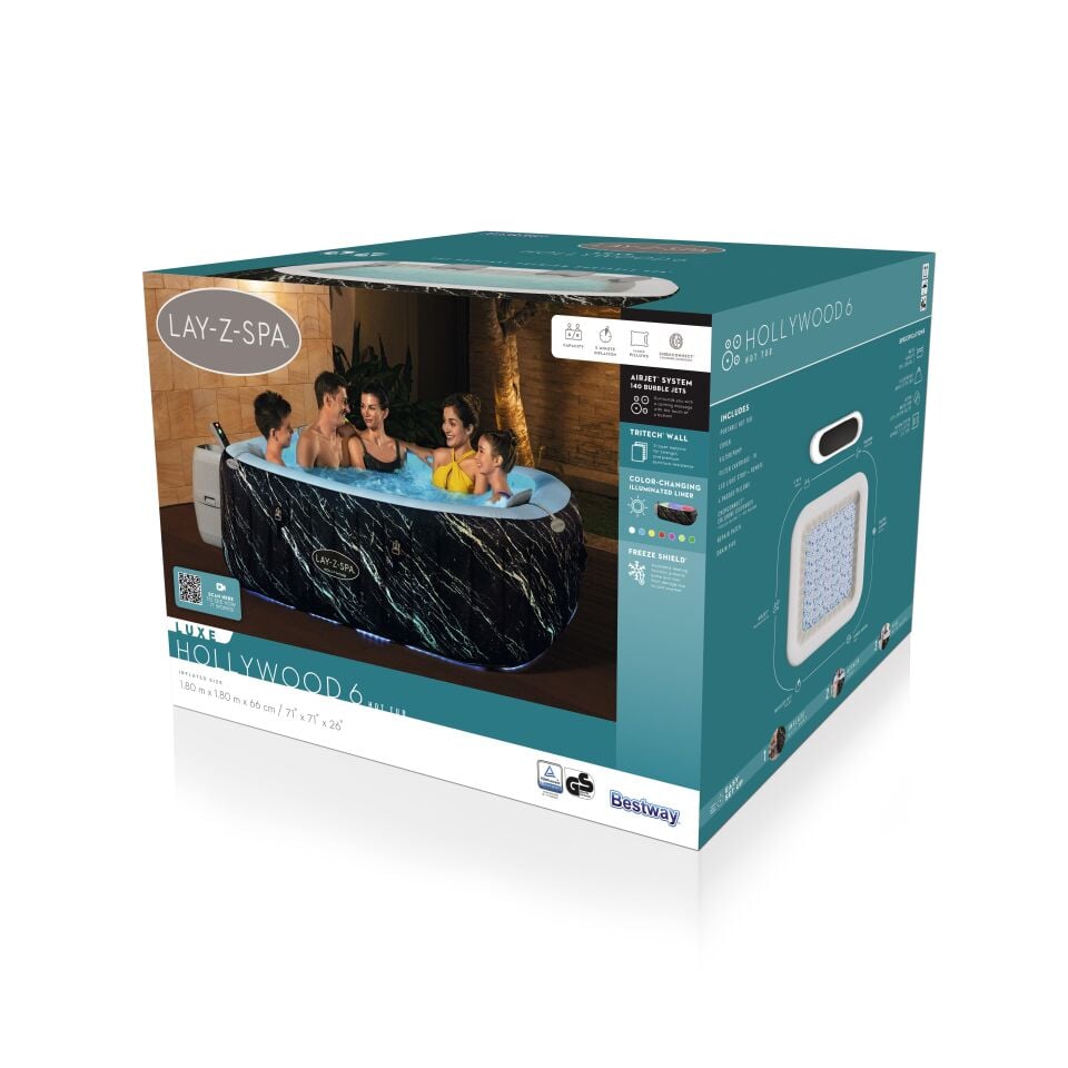 Lay-Z-Spa 6001F Hollywood Energy-Efficient Luxe AirJet Şişme Spa Havuzu, LED ışıklı, 4-6 kişilik