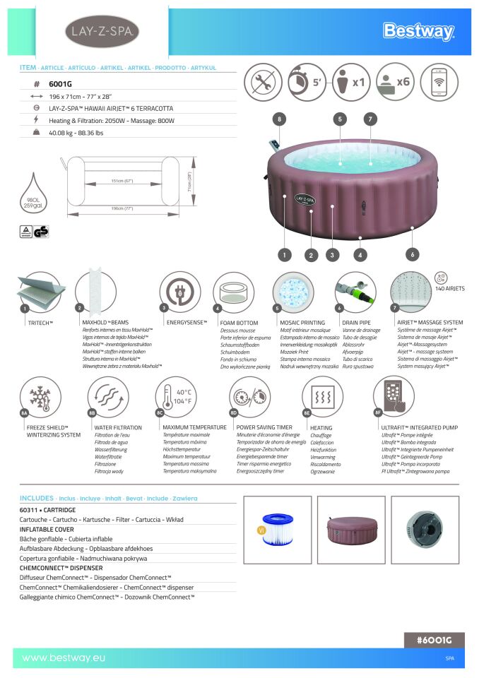 Lay-Z-Spa 6001G Hawaii Smart AirJet  Enerji Tasarruflu Şişme Spa Havuzu, Mobil Uygulama Kontrollü, 4-6 kişilik