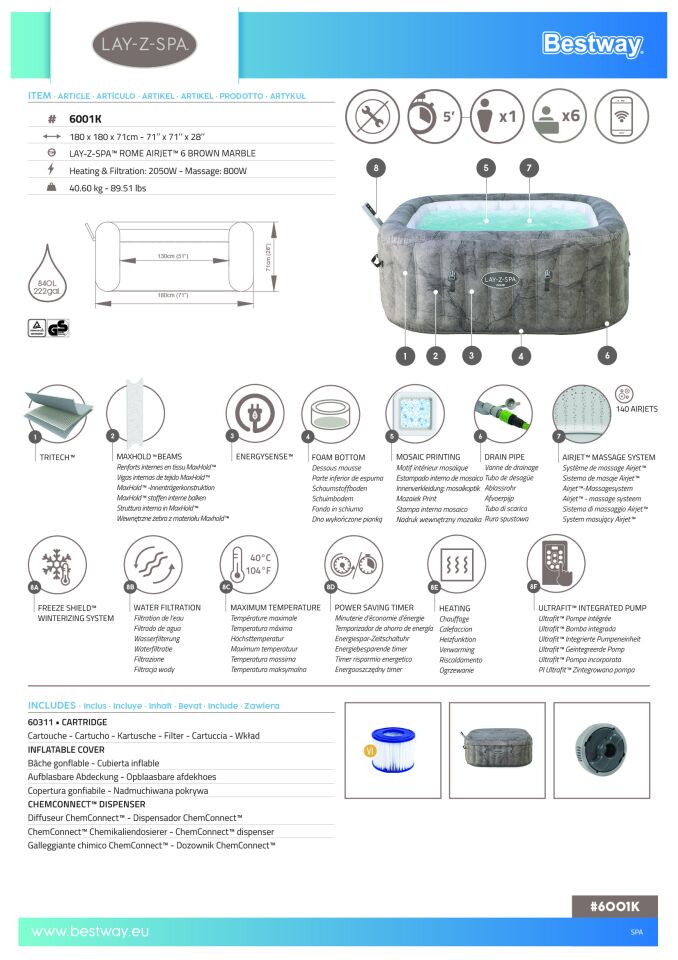 Lay-Z-Spa® Rome Smart AirJet™ Enerji Tasarruflu Şişme Spa Havuzu, Mobil Uygulama Kontrollü, 4-6 kişilik