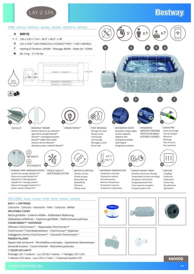 Lay-Z-Spa® 6001Q San Francisco Smart HydroJet Pro™ Enerji Tasarruflu Şişme Spa Havuzu, Mobil Uygulama Kontrollü, 5-7 kişilik