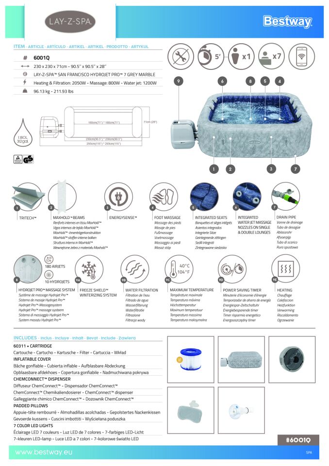 Lay-Z-Spa 6001Q San Francisco Smart HydroJet Pro  Enerji Tasarruflu Şişme Spa Havuzu, Mobil Uygulama Kontrollü, 5-7 kişilik