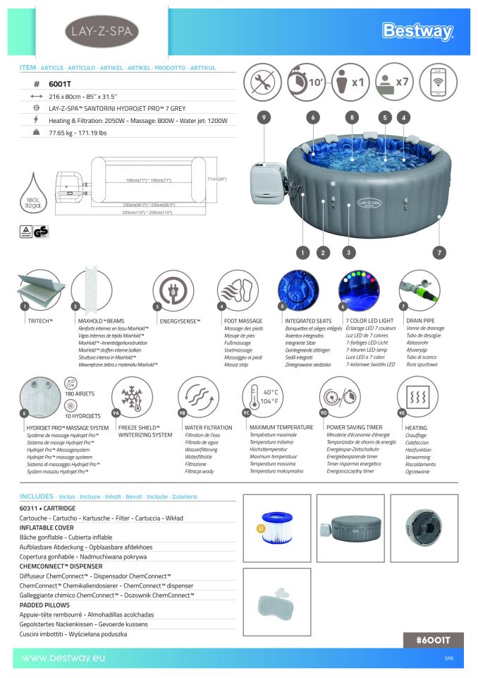 Lay-Z-Spa 6001T Santorini Smart HydroJet Pro  Enerji Tasarruflu Şişme Spa Havuzu, Mobil Uygulama Kontrollü, 5-7 kişilik