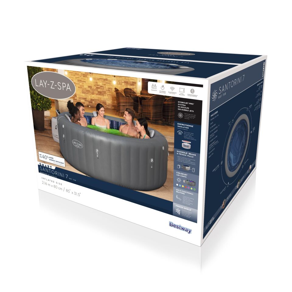 Lay-Z-Spa® Santorini Smart HydroJet Pro™ Enerji Tasarruflu Şişme Spa Havuzu, Mobil Uygulama Kontrollü, 5-7 kişilik