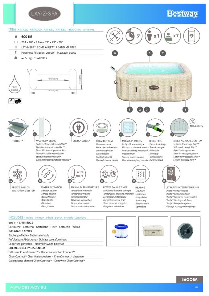 Lay-Z-Spa® 6001M Rome Smart AirJet™  Enerji Tasarruflu Şişme Spa Havuzu, Mobil Uygulama Kontrollü, 5-7 kişilik