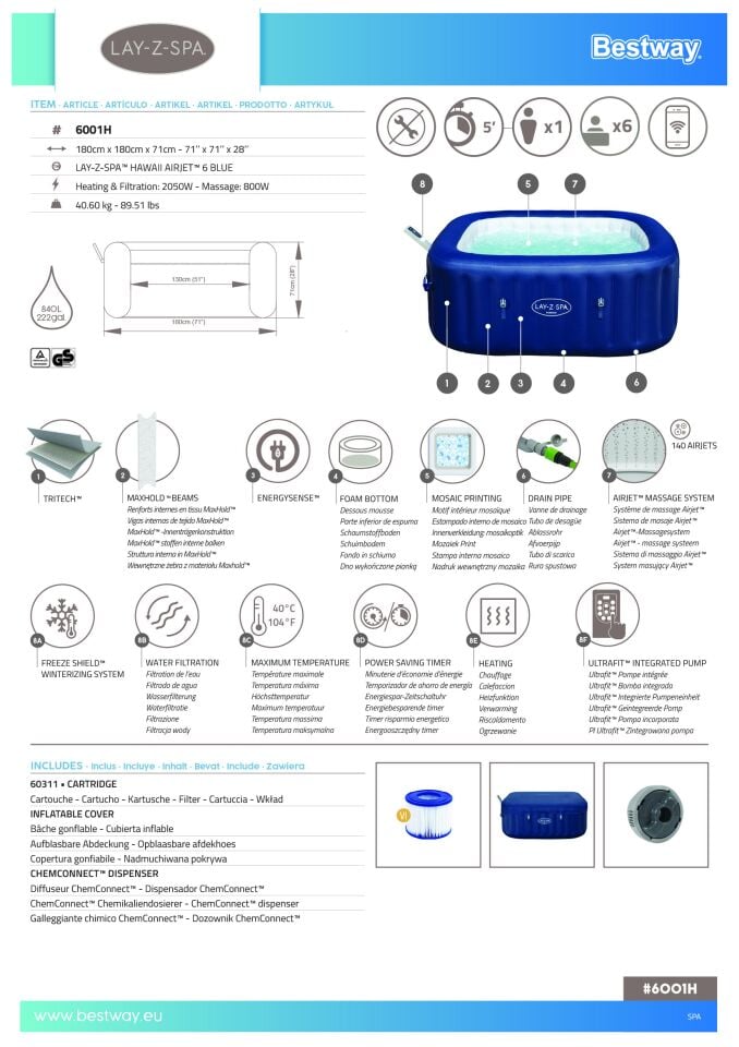 Lay-Z-Spa 6001H Hawaii Smart AirJet  Enerji Tasarruflu Şişme Spa Havuzu, Mobil Uygulama Kontrollü, 4-6 kişilik