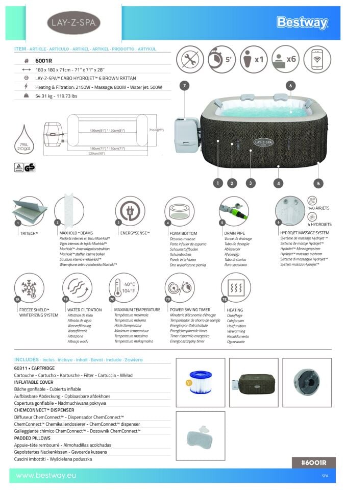 Lay-Z-Spa 6001R Cabo Smart HydroJet  Enerji Tasarruflu Şişme Spa Havuzu, Mobil Uygulama Kontrollü, 4-6 kişilik