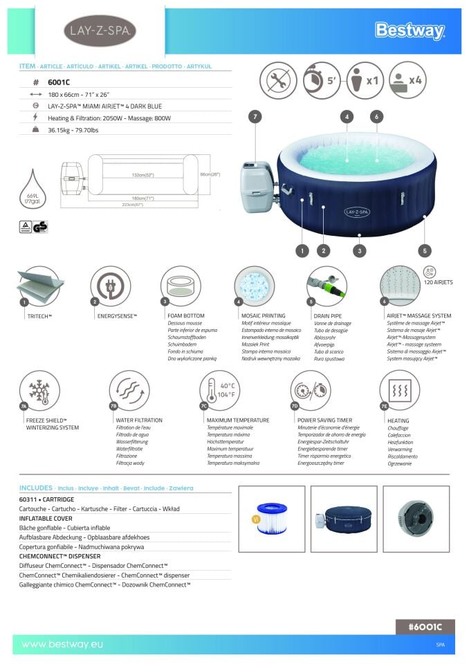 Lay-Z-Spa® Miami AirJet™ 6001C Enerji Tasarruflu Şişme Spa Havuzu, 2-4 kişilik
