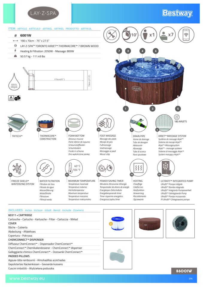 Lay-Z-Spa® 6001W Toronto Smart AirJet™ Enerji Tasarruflu Şişme Spa Havuzu, Mobil Uygulama Kontrollü, 5-7 kişilik
