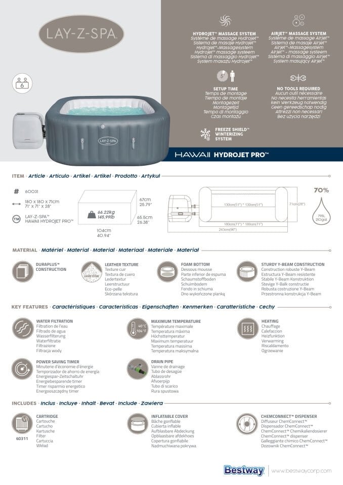 Lay-Z-Spa® Hawaii HydroJet Pro™ 60031 Şişme Spa Havuzu, 4-6 kişilik