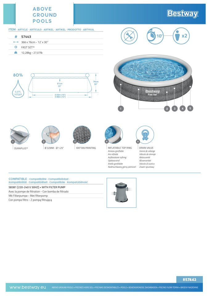 Bestway® Fast Set™ 57443 Çember Şişme Havuz 3.66 m x 76 cm