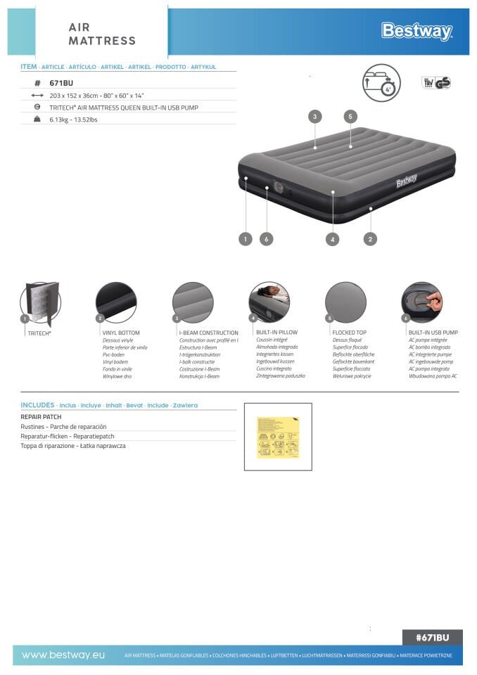 Bestway® Tritech® Geniş Çift Kişilik Şişme Yatak ve USB'li Entegre Şişirme Aparatlı 2.03 m x 1.52 m x 36 cm
