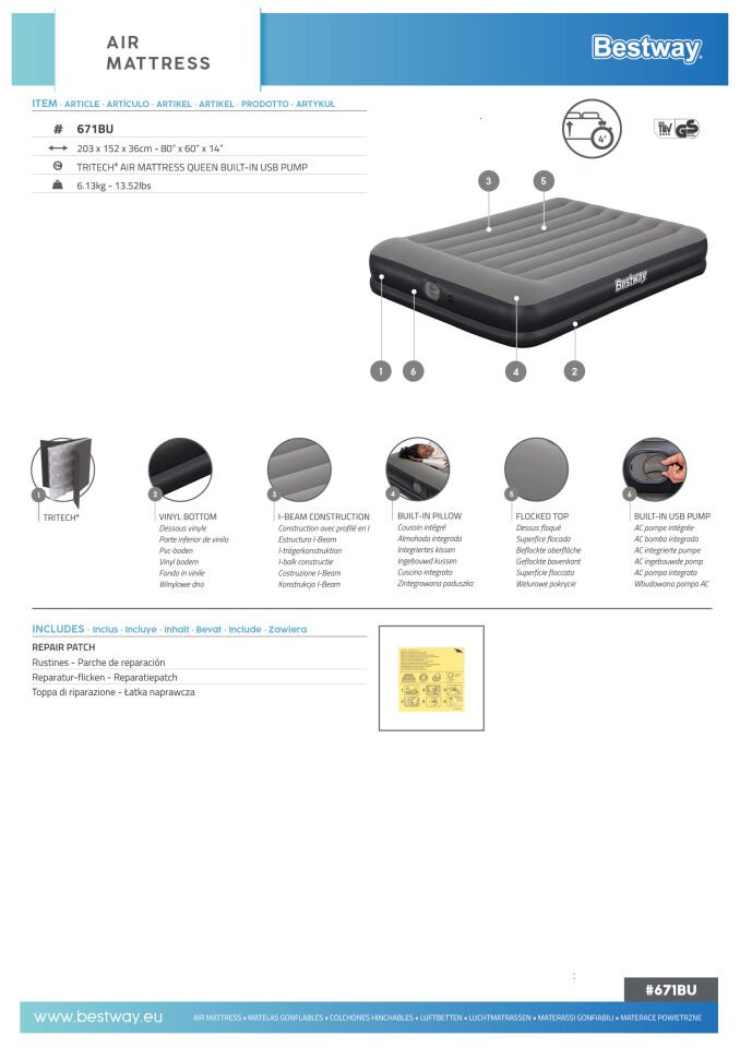 Bestway® Tritech® Geniş Çift Kişilik Şişme Yatak ve USB'li Entegre Şişirme Aparatlı 2.03 m x 1.52 m x 36 cm