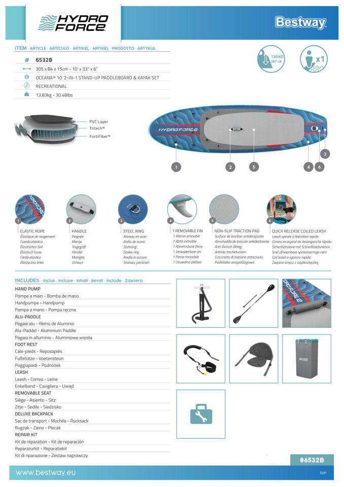 Hydro Force 6532B Oceana Şişme Kürekli SUP-Sörf ve Kano Seti 3,05 m
