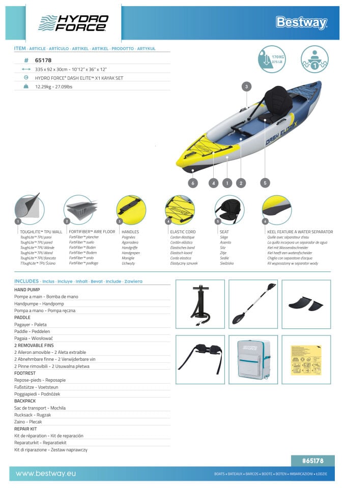 Hydro-Force 65178 Dash Elite X1 Tek Kişilik Kano Seti  3.35m x 92cm x 30cm