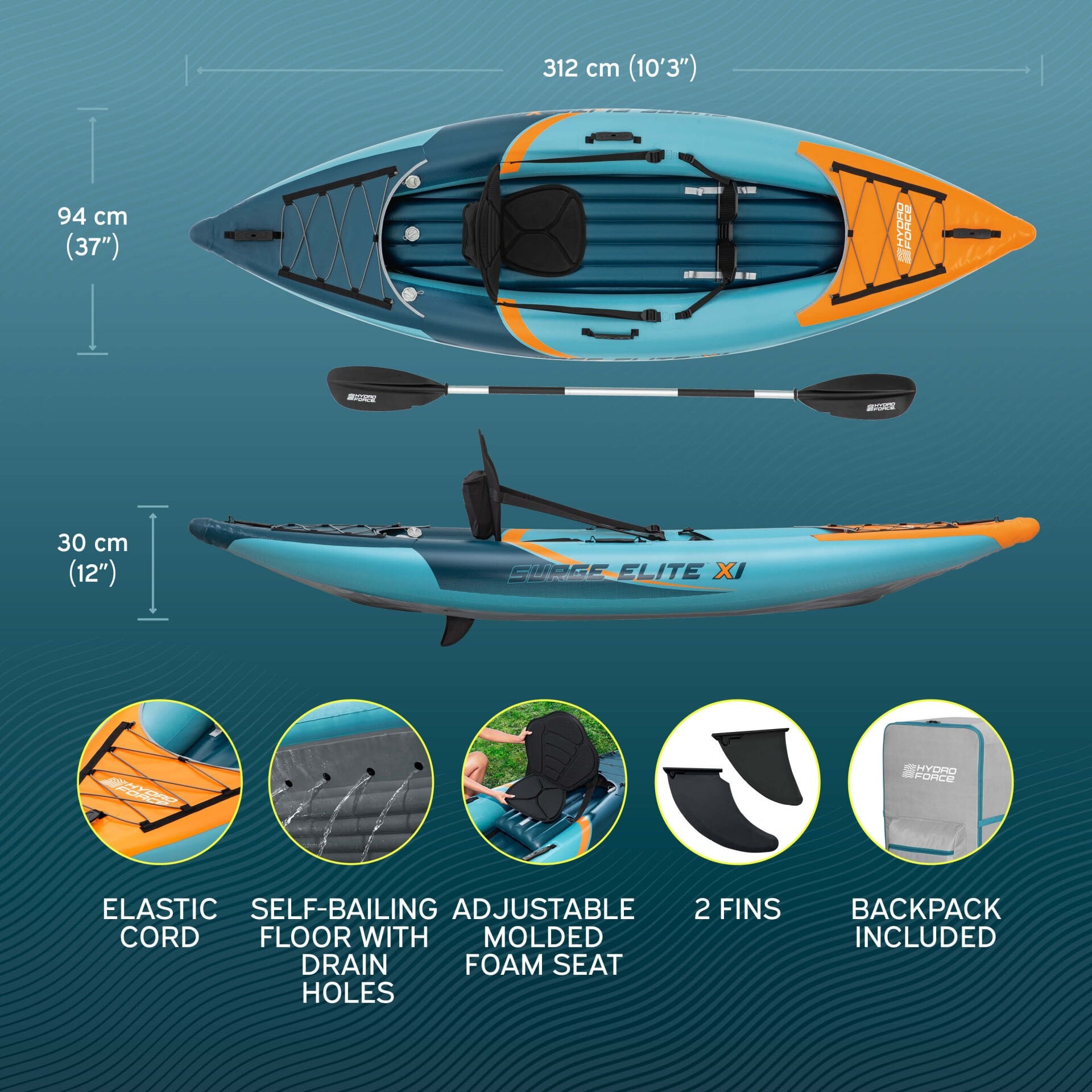 Hydro-Force™ 65180 3.12m x 94cm x 30cm Surge Elite X1 Tek Kişilik Kano Seti