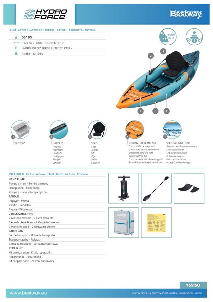 Hydro-Force™ 65180 3.12m x 94cm x 30cm Surge Elite X1 Tek Kişilik Kano Seti