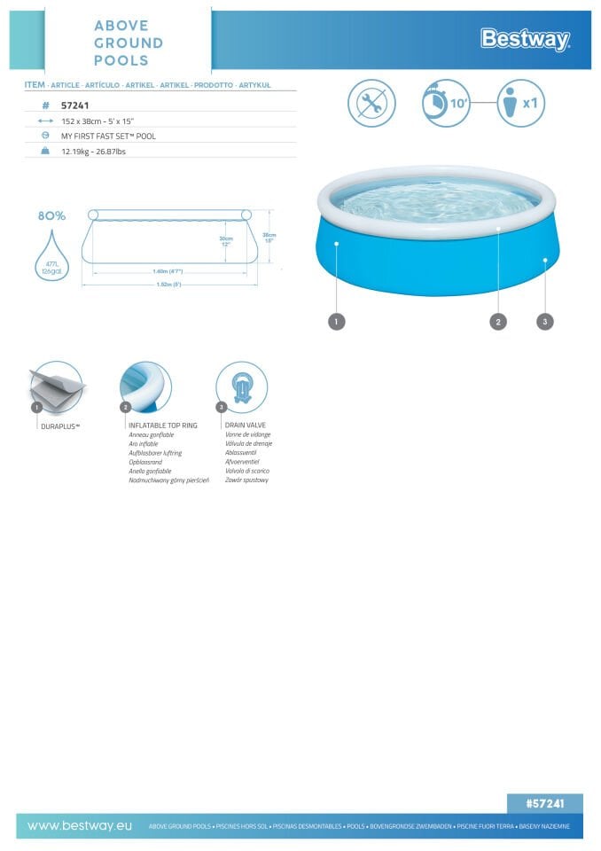 Bestway® 57241 İlk Havuzum - Fast Set™ Şişme Çocuk Havuzu 1,52 m x 38 cm