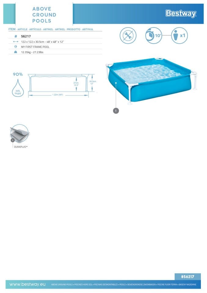 Bestway® İlk Havuzum Prefabrik Havuz 1,22 m x 1,22 m x 30,5 cm