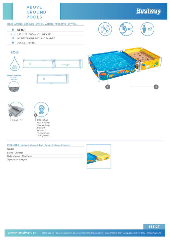Bestway Prefabrik Havuz Prefabrik İkili Su ve Kum Oyun Havuzu 2.13 m x 1.22 m x 30.5 cm 561CF