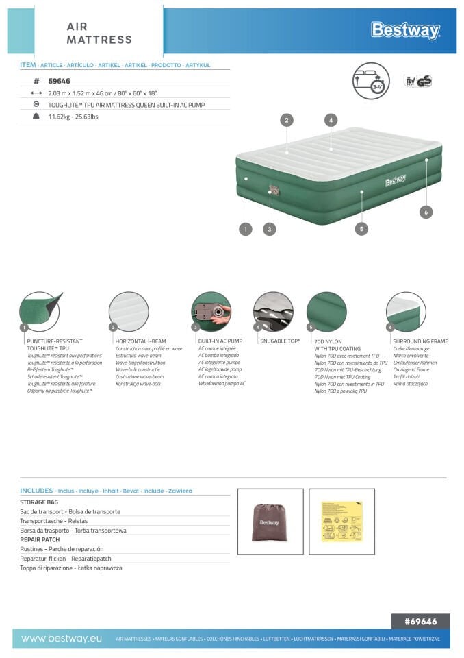 Bestway 69646® ToughLite™ TPU Geniş Çift Kişilik Şişme Yatak, Elektrikli Entegre Şişirme Aparatı 2.03 m x 1.52 m x 46 cm