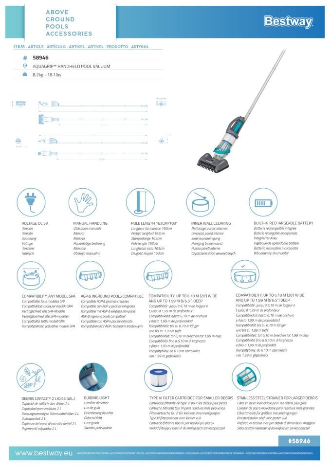 Bestway® 58946 AquaGrip™ Şarjlı Elde Taşıma Havuz Süpürge