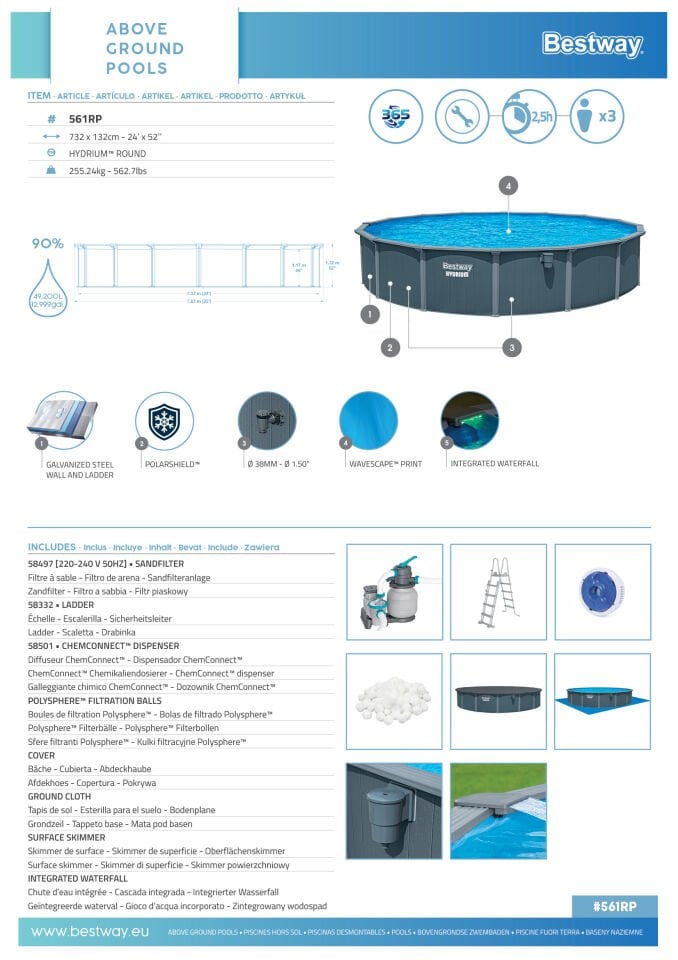 Bestway® 561RP Hydrium™ Çelik Duvarlı Yer Üstü Çember Havuz Seti  7,32 m x 1,32 m