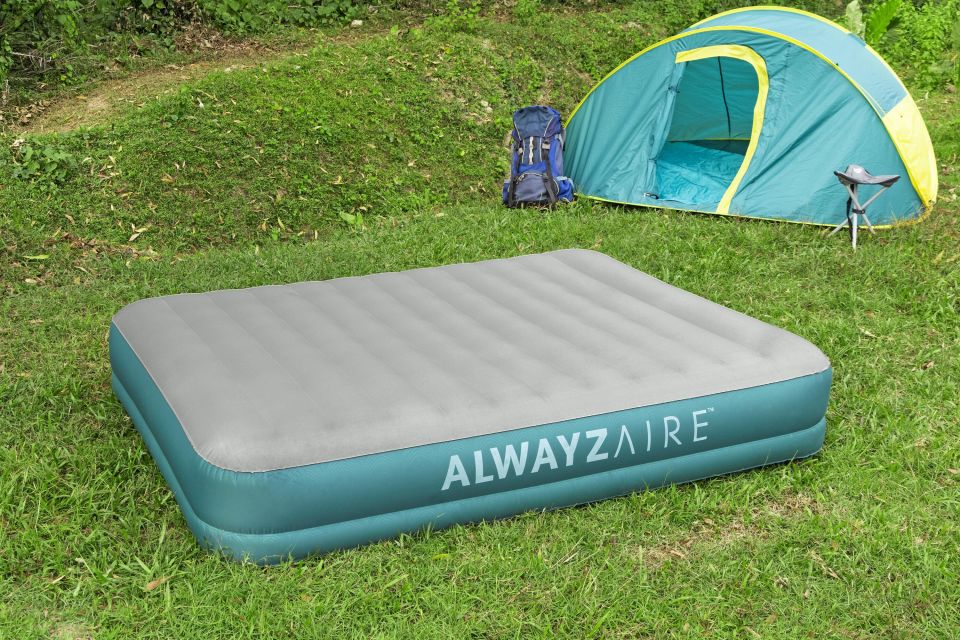 Bestway® 1069078XXX23 AlwayzAire™ Fortech™ Geniş Çift Kişilik Şişme Yatak, Şarj Edilebilen İki Yönlü Şişirme Aparatı ve Antimikrobiyal Kaplama 2.03 m x 1.52 m x 36 cm