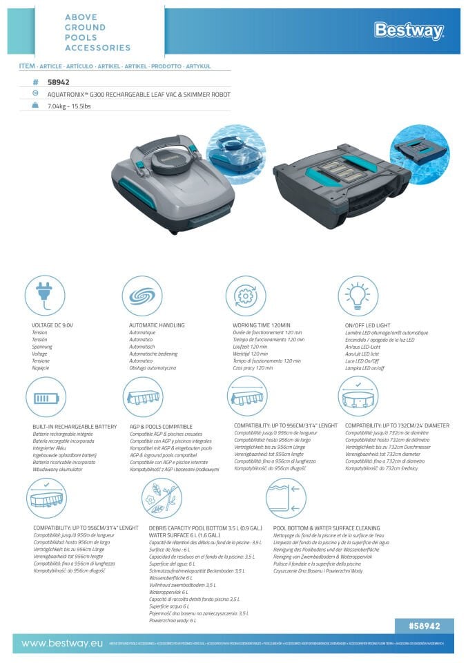 Bestway® 58942 AquaTronix Pro G300 Robotik Havuz Süpürgesi ve Yüzey Temizleyicisi