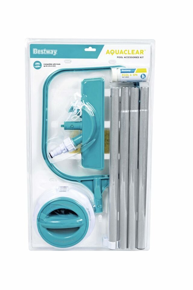 Bestway® 58794 AquaClear™ Havuz Bakım Seti - Vakum, Süzgü Kepçe, Flatör, Test Şeritleri, Tamir Yamaları