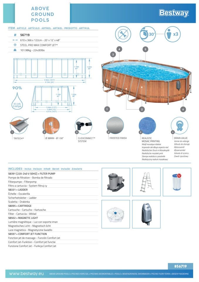 Bestway® Power Steel™ Comfort Jet™ Serisi Prefabrik Yer Üstü Havuz Seti 6,10 m x 3,66 m x 1,22 m