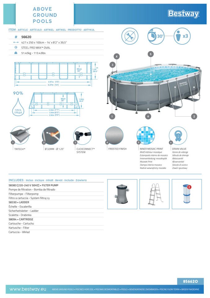 Bestway® Steel Pro MAX™ Prefabrik Yer Üstü Havuz Seti 4,27 m x 2,50 m x 100 cm