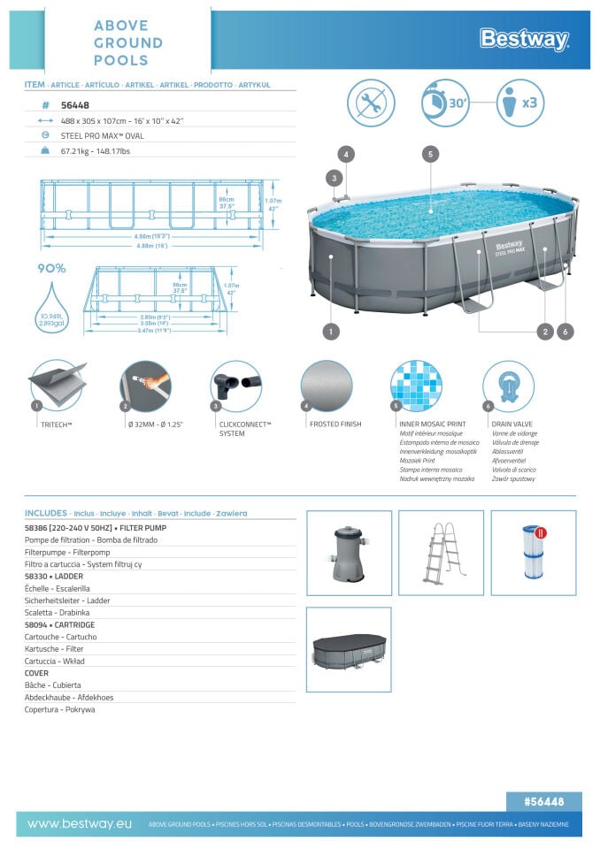 Bestway Prefabrik Havuz Steel Pro MAX  Prefabrik Yer Üstü Oval Havuz Seti 4,88 m x 3,05 m x 1,07 m 56448
