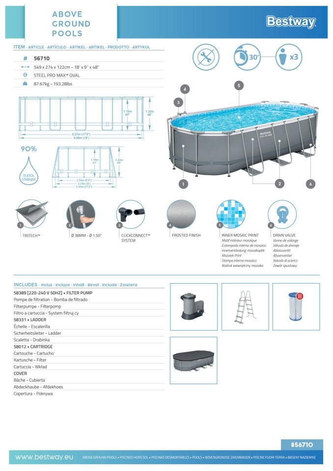 Bestway® Power Steel™ Prefabrik Yer Üstü Havuz Seti 5,49 m x 2,74 m x 1,22 m