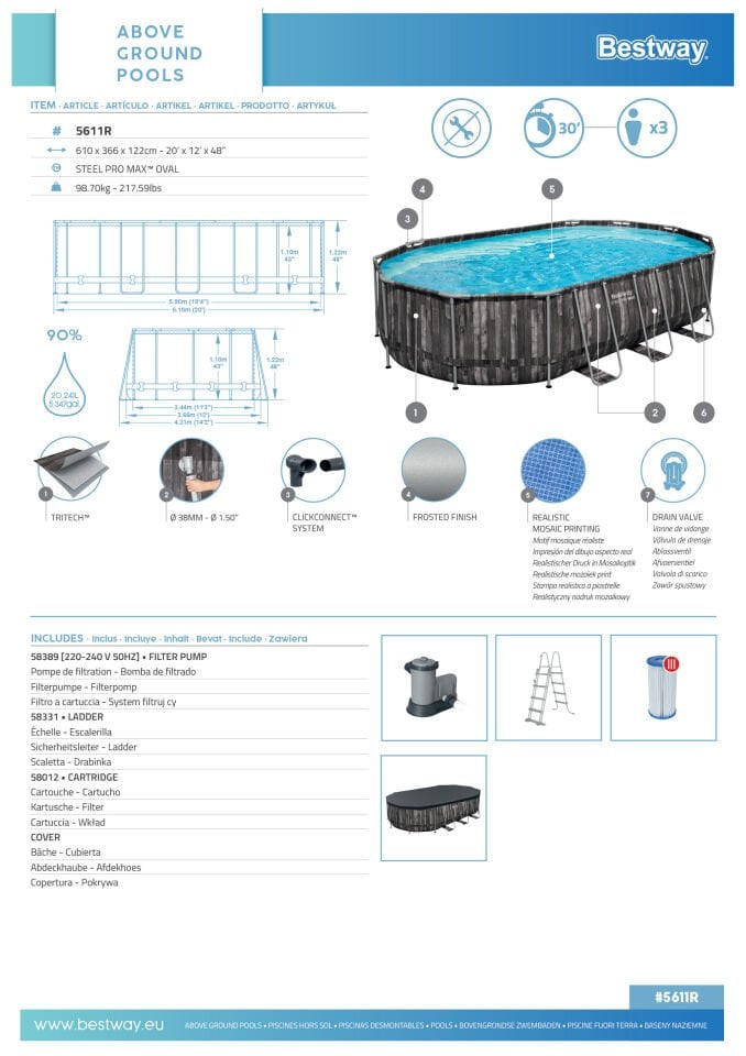Bestway® Power Steel™ Prefabrik Yer Üstü Havuz Seti 6,10m x 3,66 m x 1,22 m