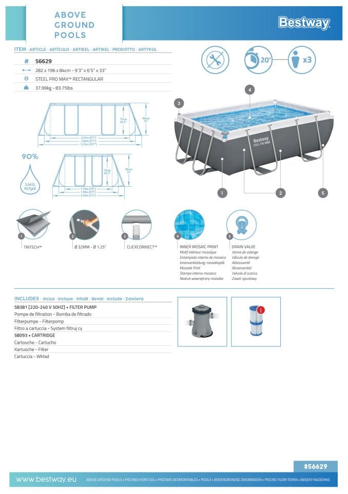 Bestway® Steel Pro MAX™ Prefabrik Yer Üstü Havuz Seti 2,82 m x 1,96 m x 84 cm