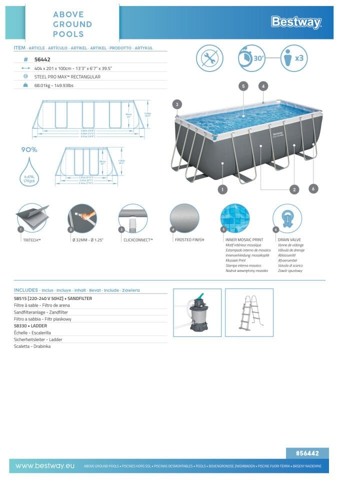 Bestway ® 56442 Power Steel™ Prefabrik Yer Üstü Havuz Seti 4,04 M x 2,01 M x 1,00 M